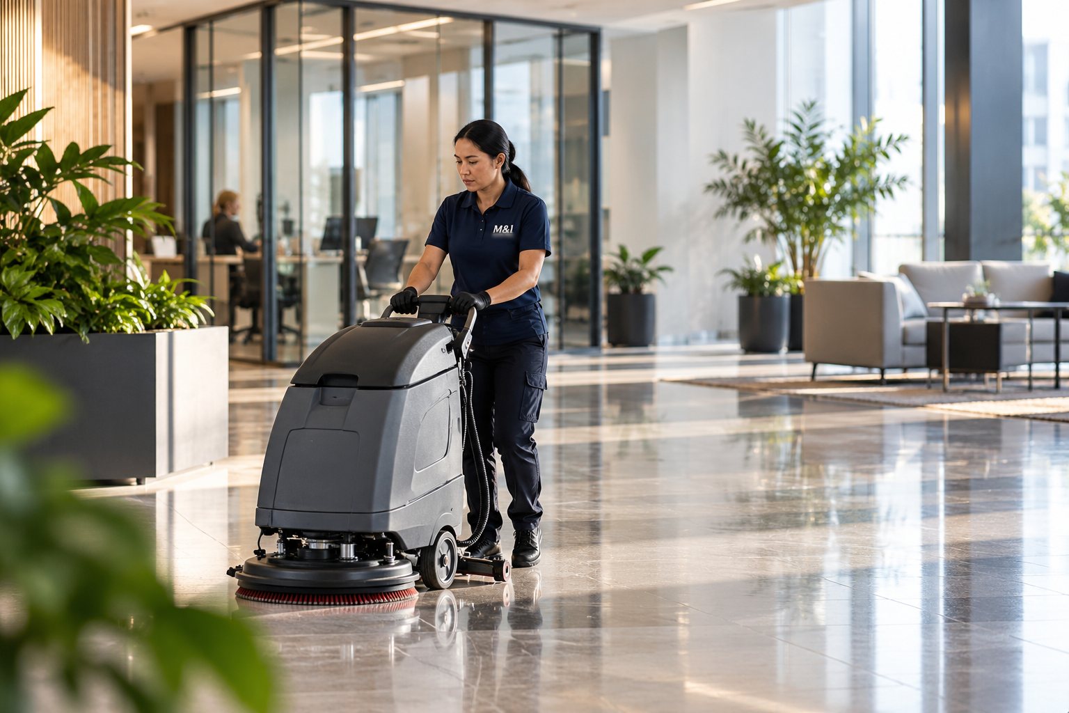 Commercial floor scrubbing in a modern Sydney office lobby
