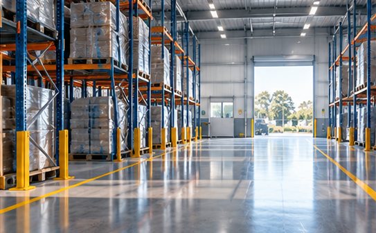 Clean warehouse with polished floor and safety lines