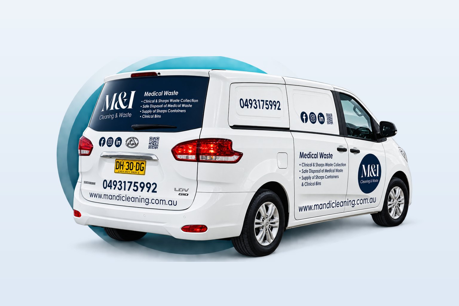 The M&I Cleaning & Waste medical waste van, signwritten for clinical and sharps waste collection